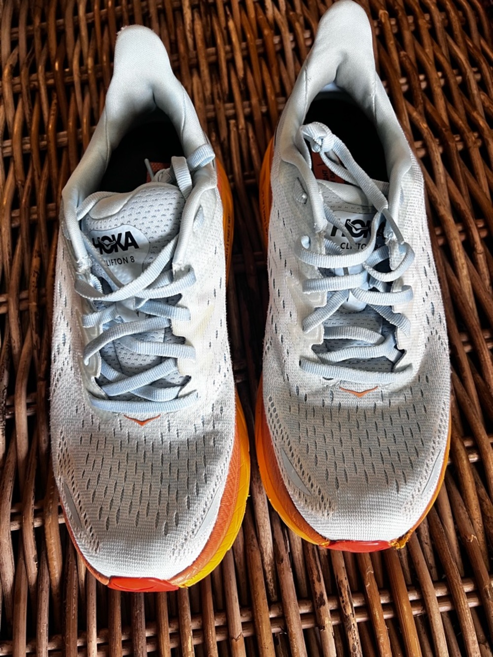 Hoka Light Blue and Orange Clifton 8 Shoes